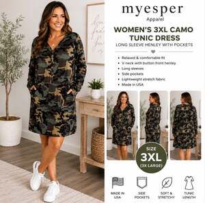 Myesper Apparel Womens 3XL Camo Tunic Dress Long Sleeve Henley Pockets USA